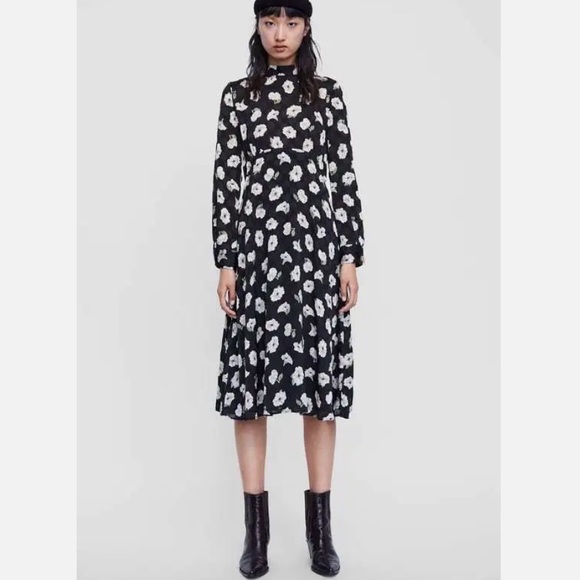 NWT - Zara - Floral Print Midi Dress - Mock Neck Collar - Picture 1 of 12